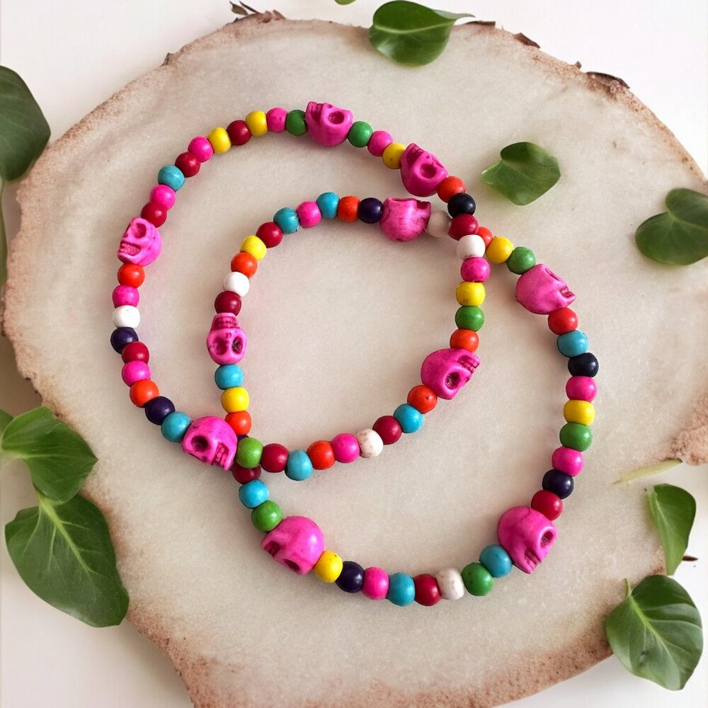 HANDMADE Colorful Stone Boho Skull Bracelet Set
